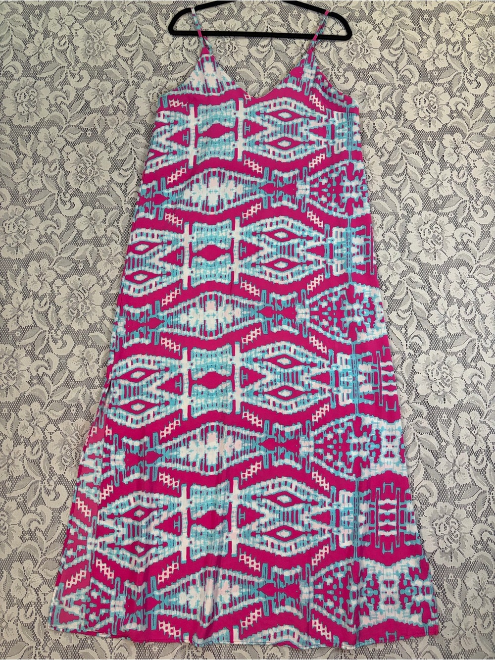Aura Ikat Print Geometric Maxi Dress Spaghetti Strap Side Slits Summer Sundress